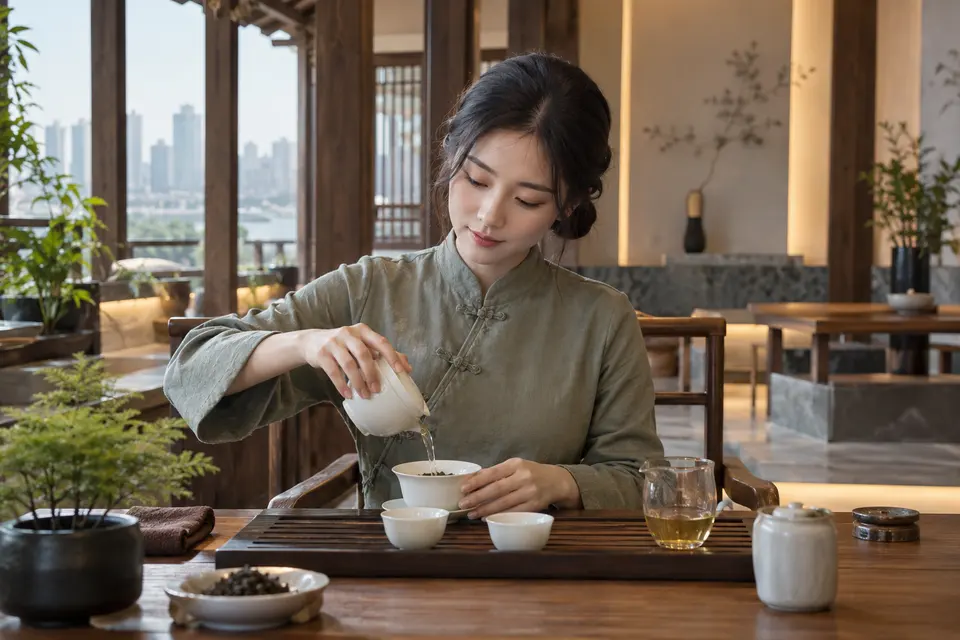 新中式盖碗冲泡场景,桌面摆放盖碗与茶则