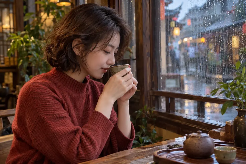 雨天窗边用陶杯闻香的品茶画面