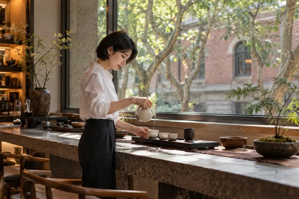 都市街区茶室中倒茶的白瓷茶具